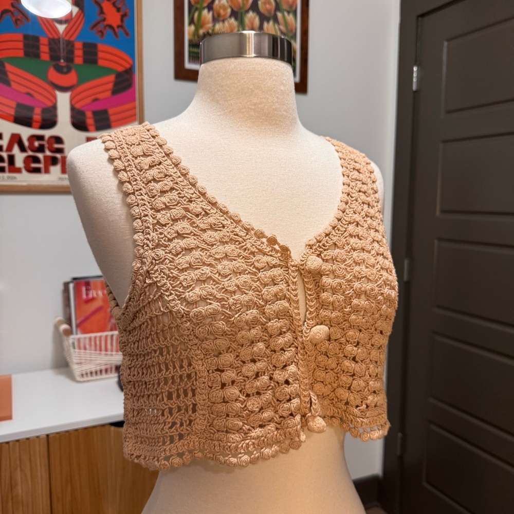 Fab’rik Tan Crochet Vest Top Beige Small - Picture 2 of 10